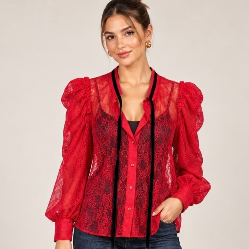 Imperial Lace Blouse Women Red Excellent Puff Sleeve Ruffle Velvet Button Up